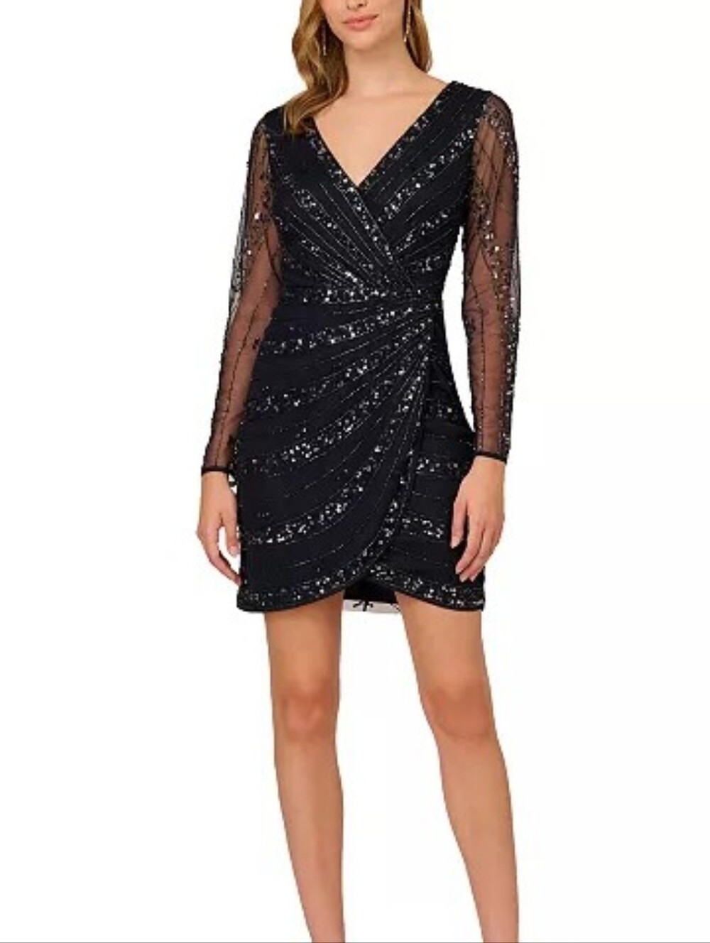 Adrianna Papell Navy Sequin Wrap V-Neck Long Sleeve Dress